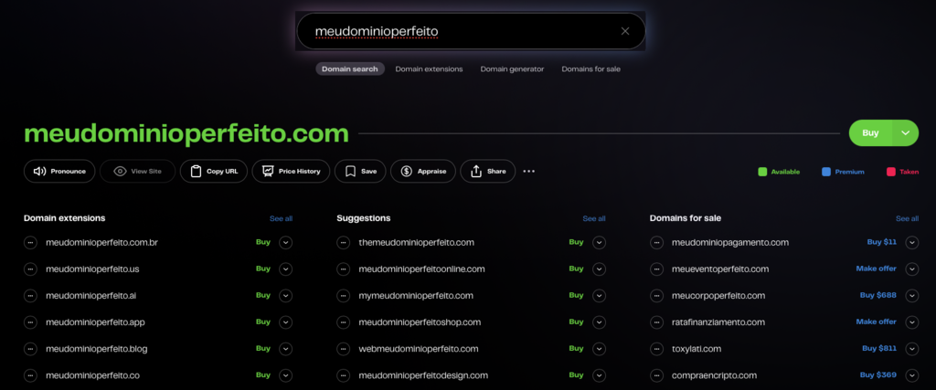 resultados de pesquisa no servi&ccedil;o instant domain search