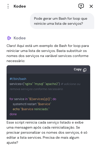 assistente de ia kodee criando script bash para reiniciar lista de servi&ccedil;os