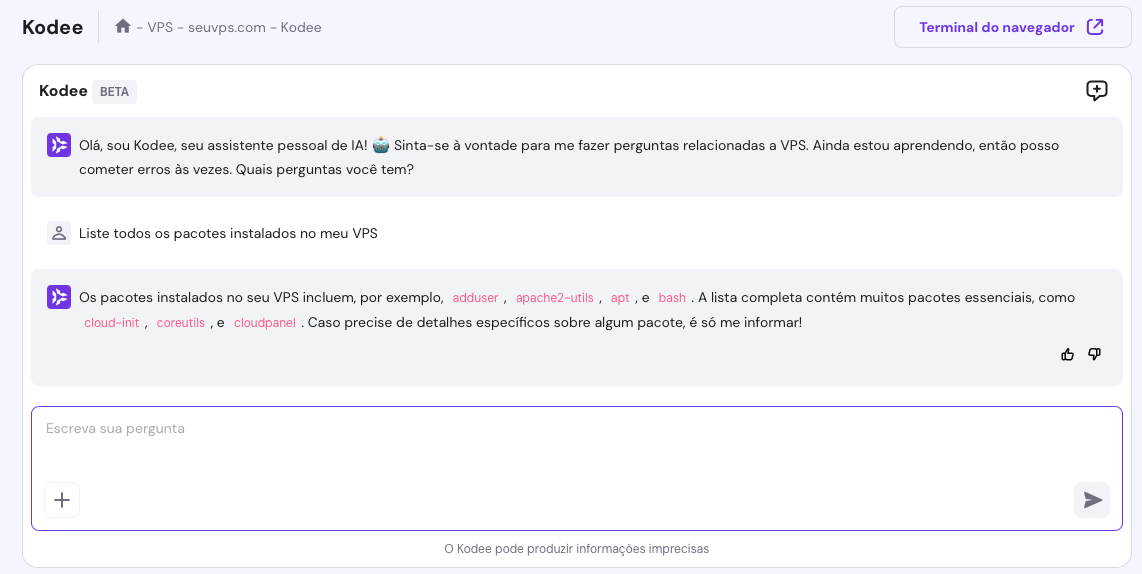 listando pacotes instalados no vps com o kodee