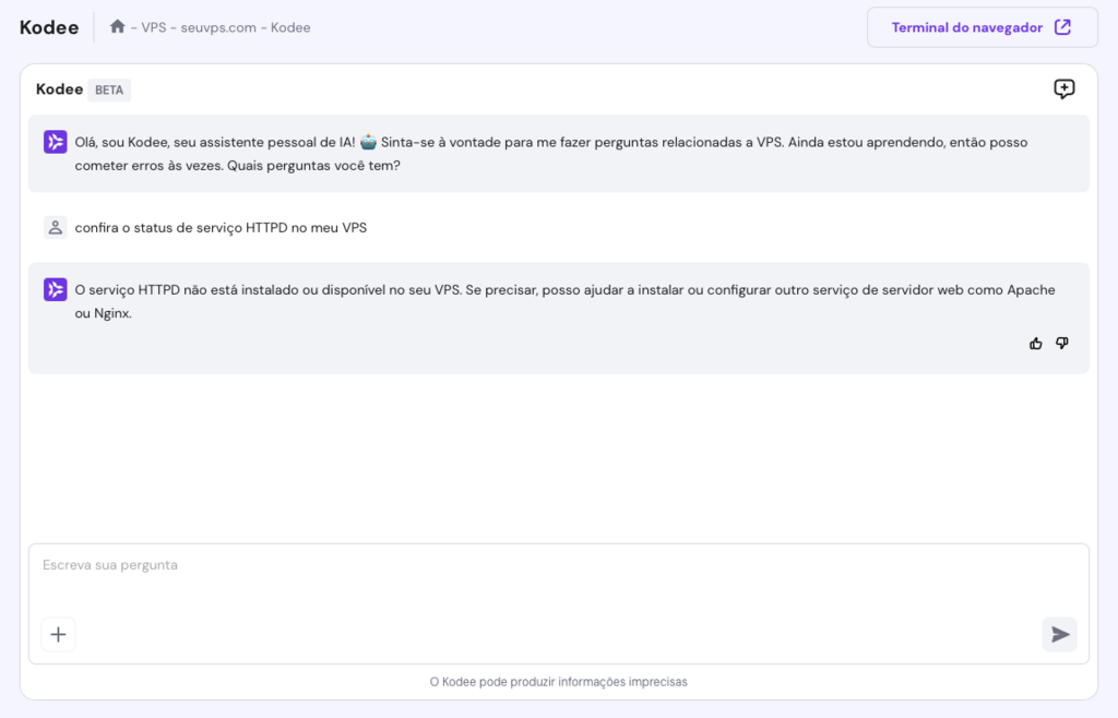 kodee exibindo status de serviço httpd de um vps