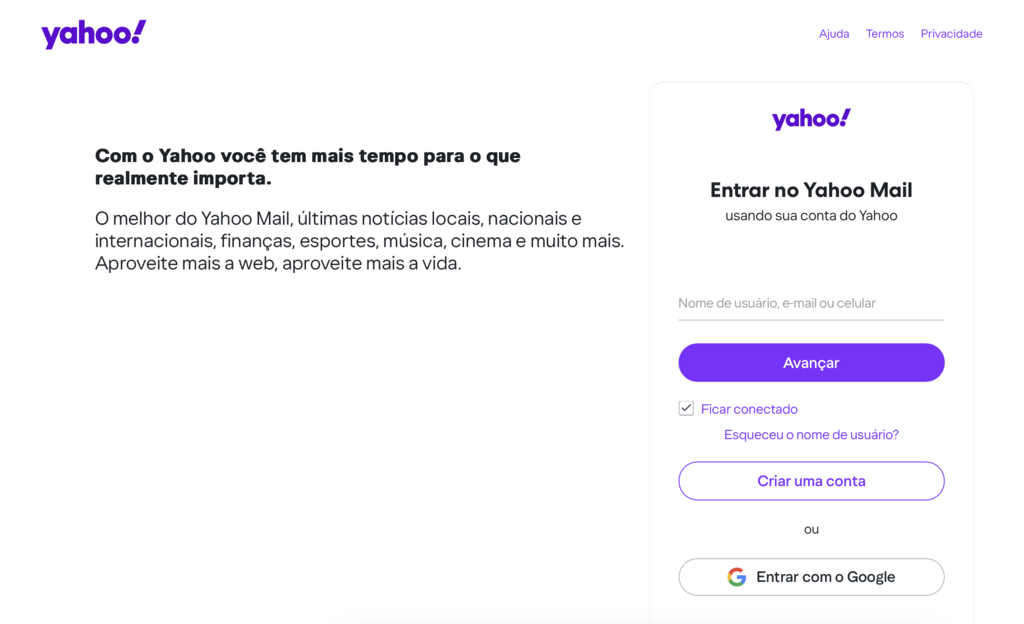 p&aacute;gina de login do yahoo mail