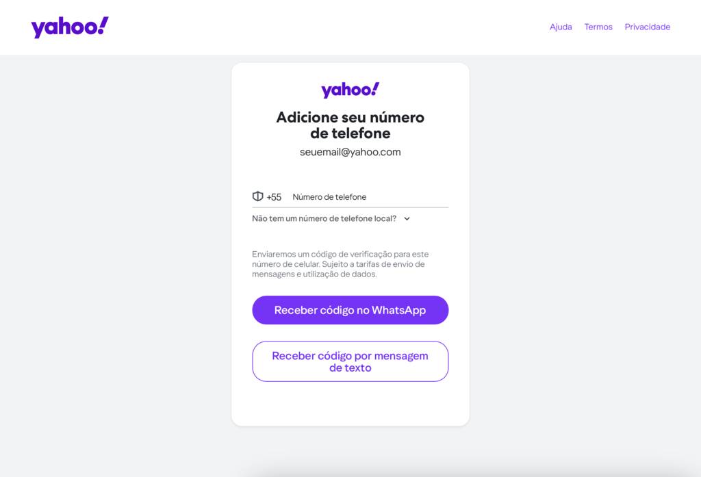 cadastrando n&uacute;mero de telefone no yahoo mail