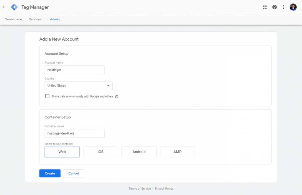 Tela de cadastro do Google Tag Manager