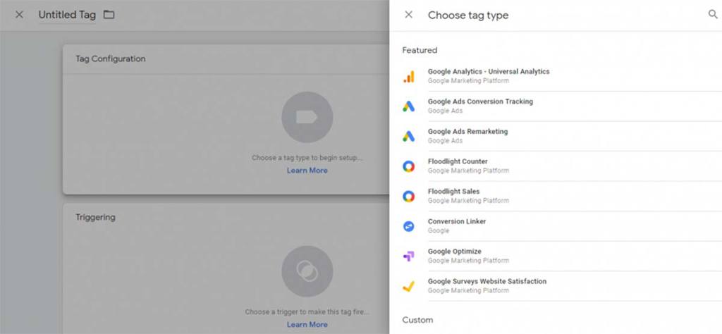 Sele&ccedil;&atilde;o do tipo de tag que o usu&aacute;rio deseja adicionar no GTM