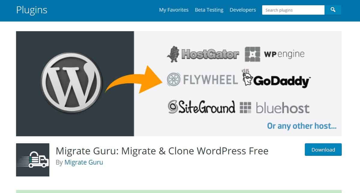 Página para download do plugin Migrate Guru