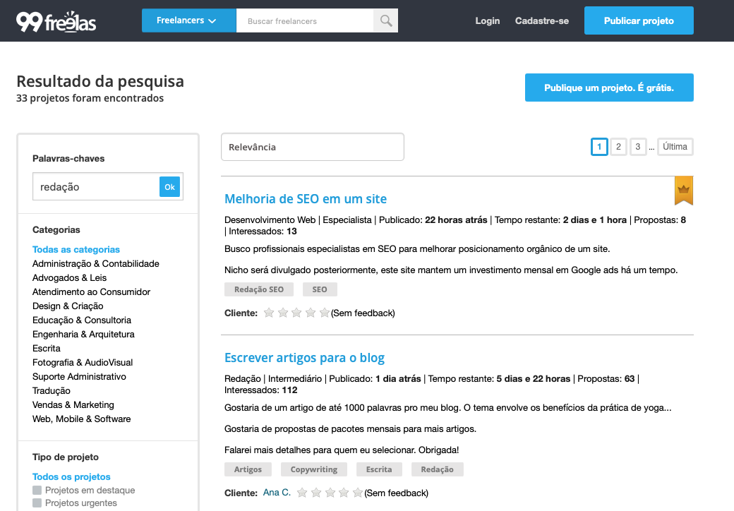 p&aacute;gina de trabalhos de reda&ccedil;&atilde;o no 99freelas