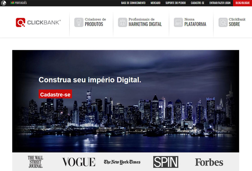 P&aacute;gina inicial do site do programa de Afiliados da Clickbank