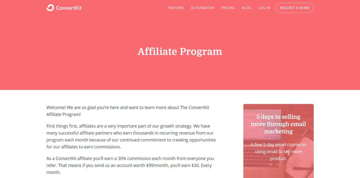 P&aacute;gina inicial do site do programa de Afiliados ConvertKit Affiliate Program
