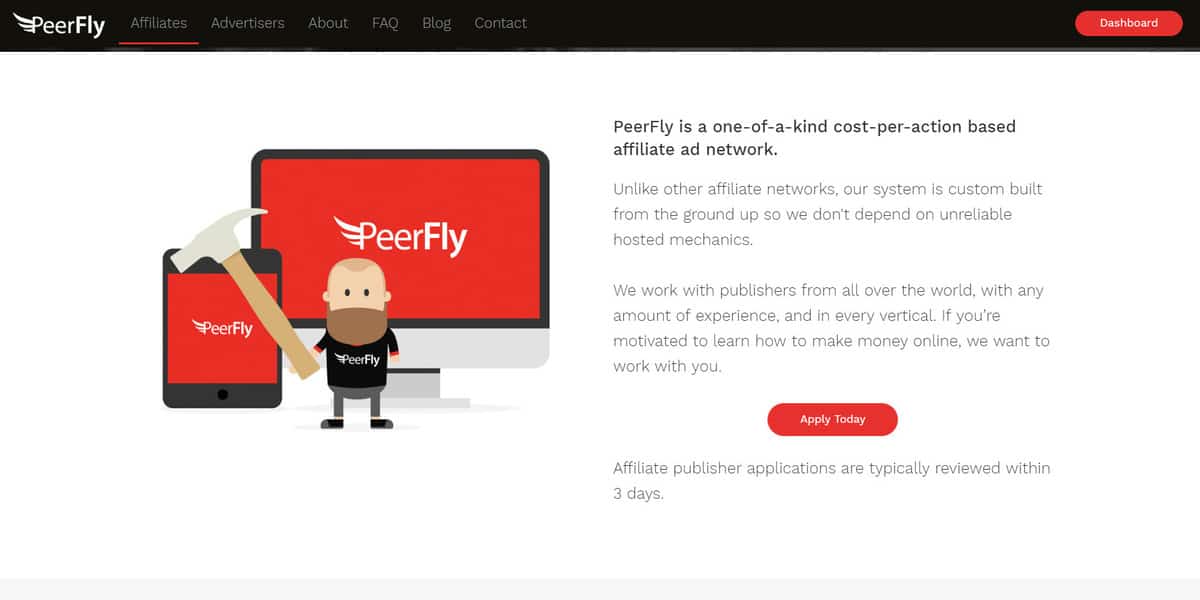 P&aacute;gina inicial do programa de Afiliados da PeerFly