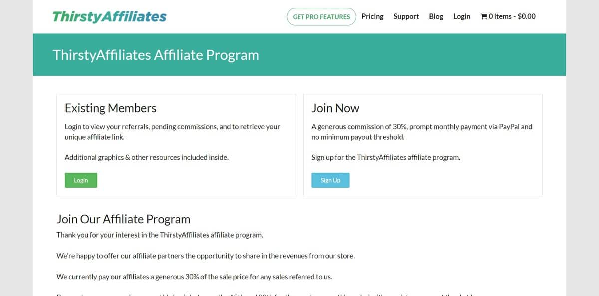 P&aacute;gina inicial do site de Programa de Afiliados da Thirsty Affiliates