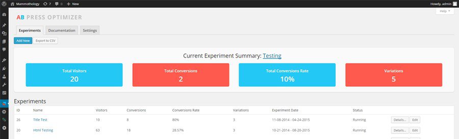 Tela de gerenciamento do plugin A/B Press Optimizer