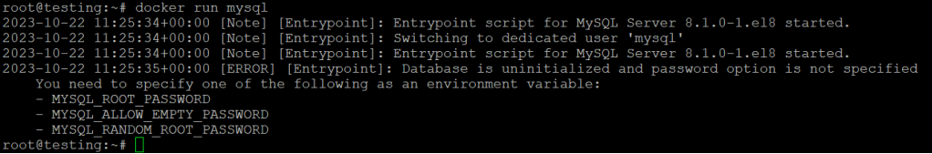 resultado do comando docker run mysql no terminal