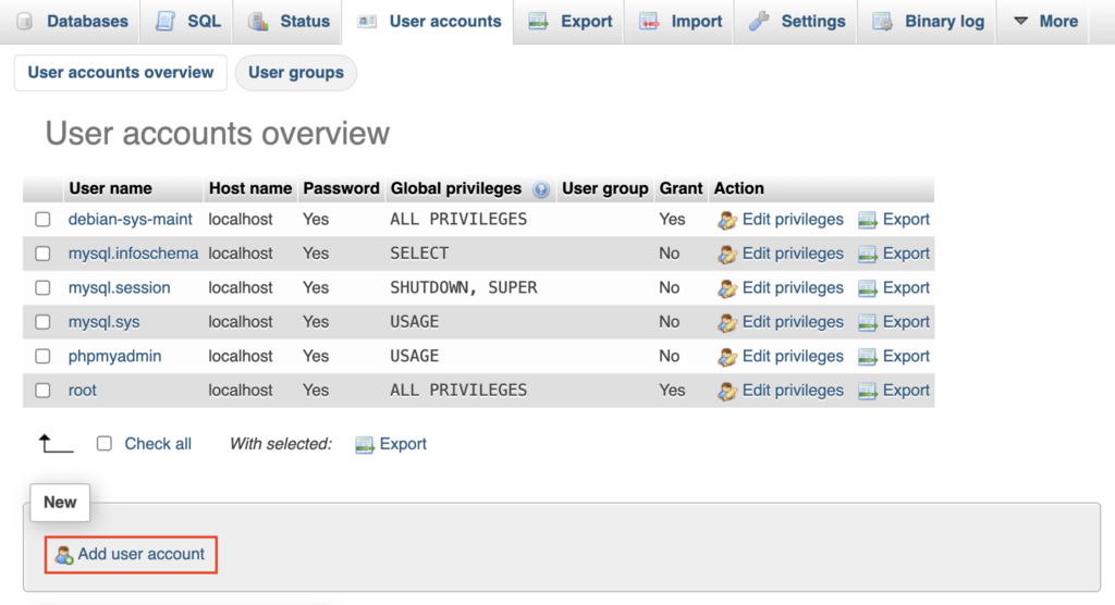 adicionando conta de usuário no phpmyadmin