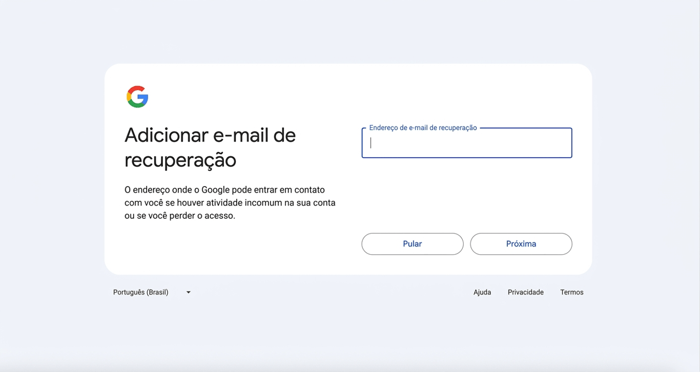 Campo de e-mail de recuperação na etapa de criação da conta do Gmail