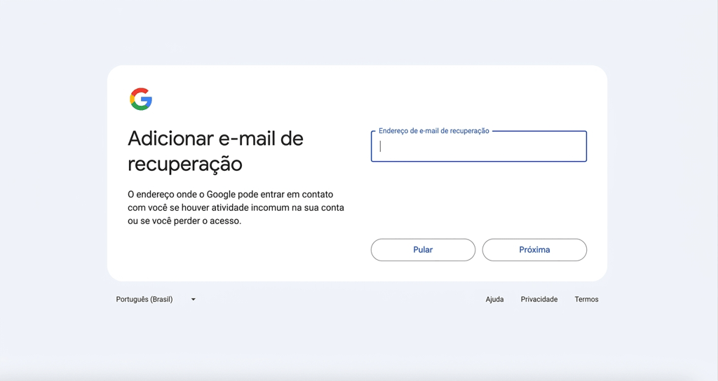 Campo de e-mail de recuperação na etapa de criação da conta do Gmail