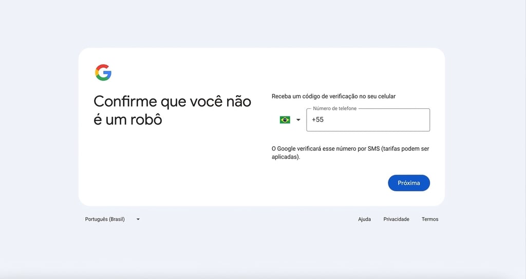 Página de verificação de conta no Gmail