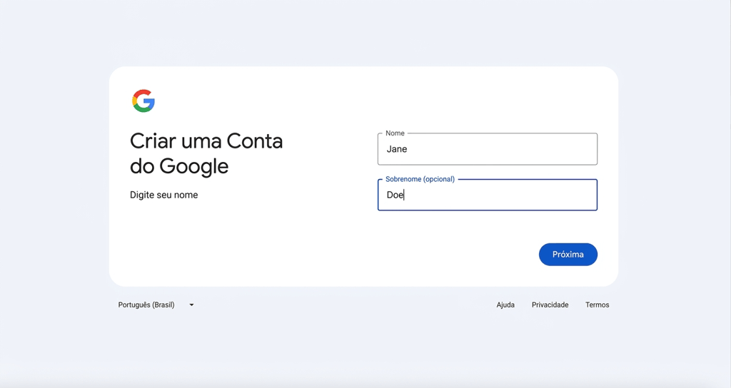 Campo de nome e sobrenome ao criar uma conta do Gmail