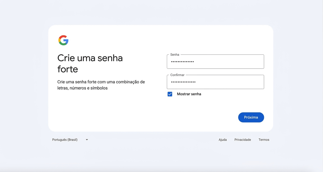 Página de criação de senha no Gmail