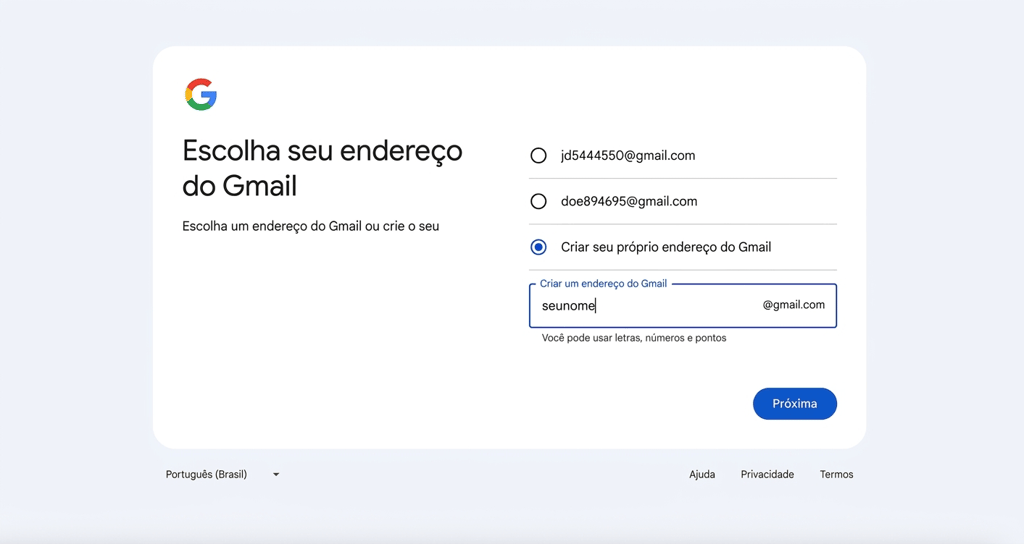 Página de criação de endereço de e-mail no Gmail