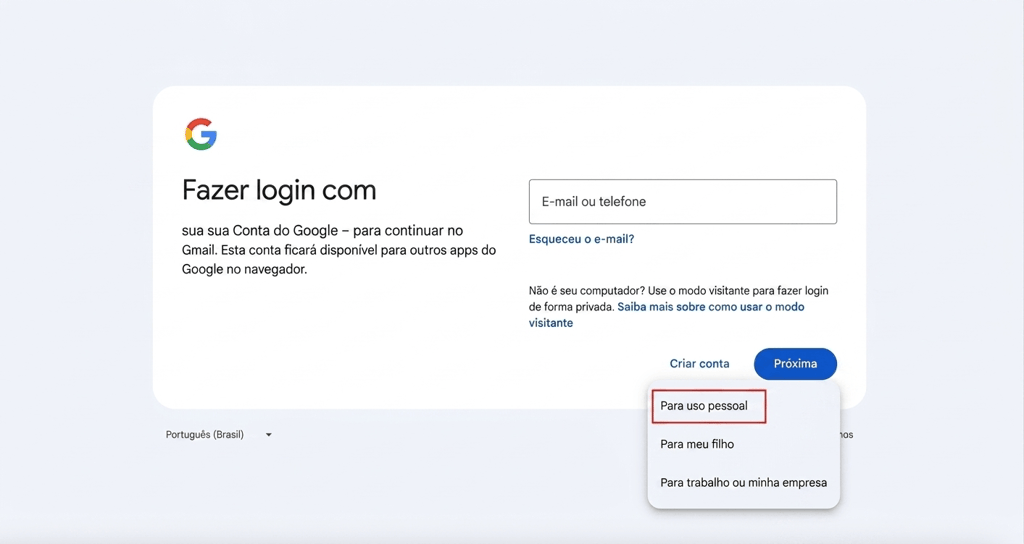 Opção “Para meu uso pessoal” destacada na nova página de criação de conta do Gmail