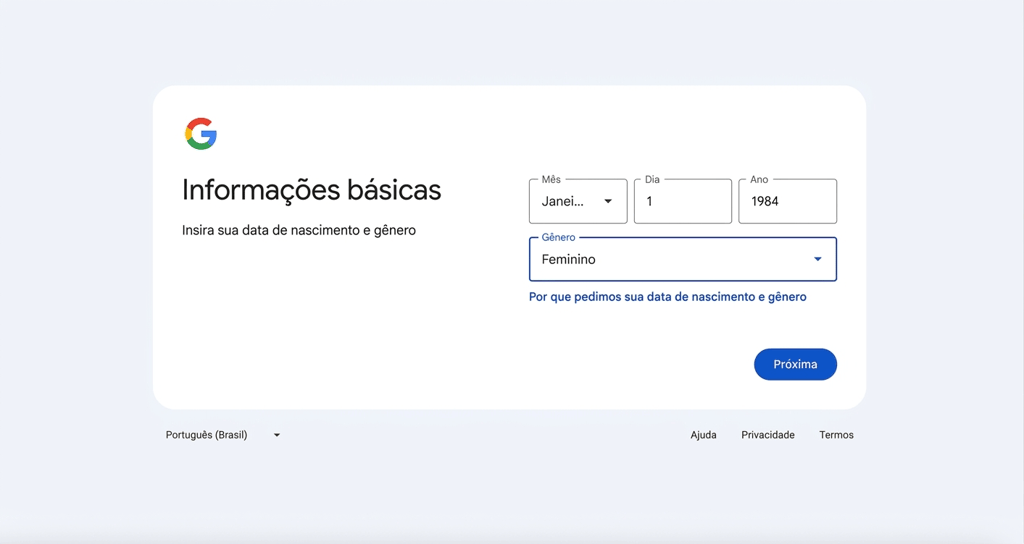 Campo de informações de data de nascimento e gênero na página de criação de conta do Gmail