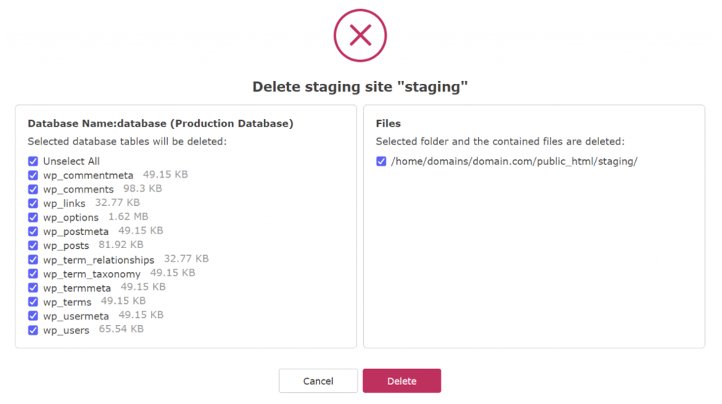 confirmando remoção de site de testes no plugin wp staging
