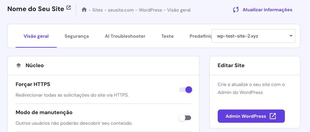 vis&atilde;o geral do site wordpress no hpanel com op&ccedil;&otilde;es de for&ccedil;ar https e modo de manuten&ccedil;&atilde;o