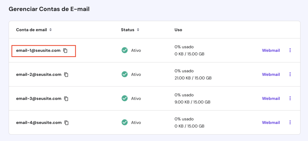 contas de email no hpanel com um endere&ccedil;o em destaque