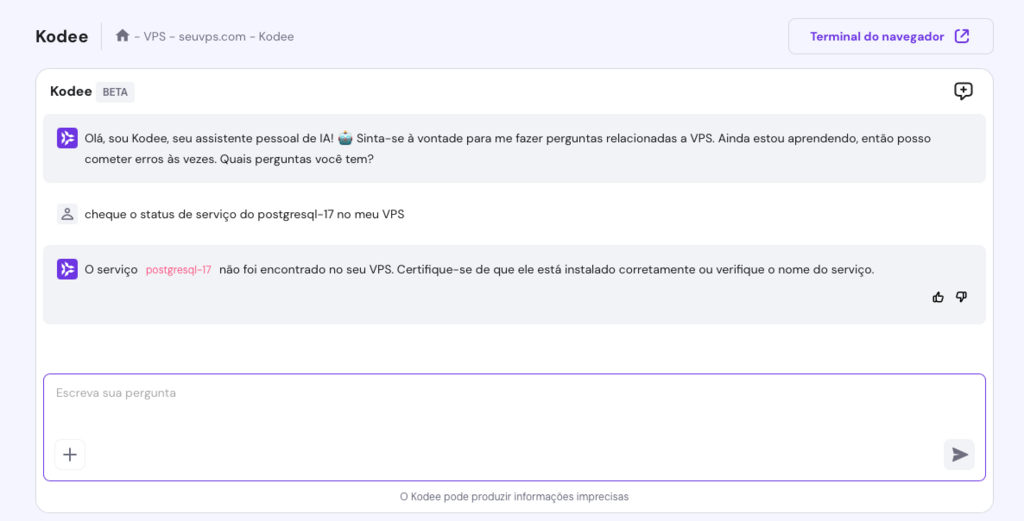 kodee exibindo status de serviço postgresql-17 de um vps