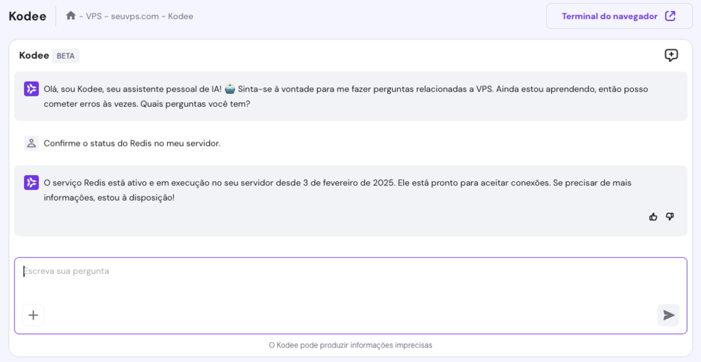 kodee exibindo status de servi&ccedil;o redis de um vps