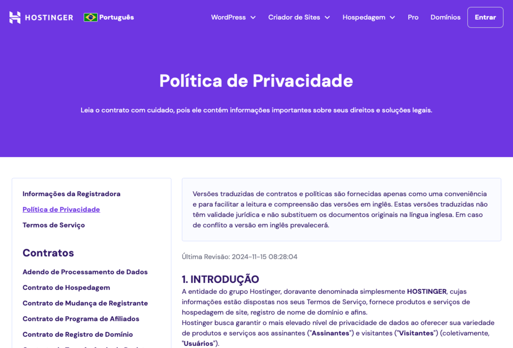 página de política de privacidade da hostinger