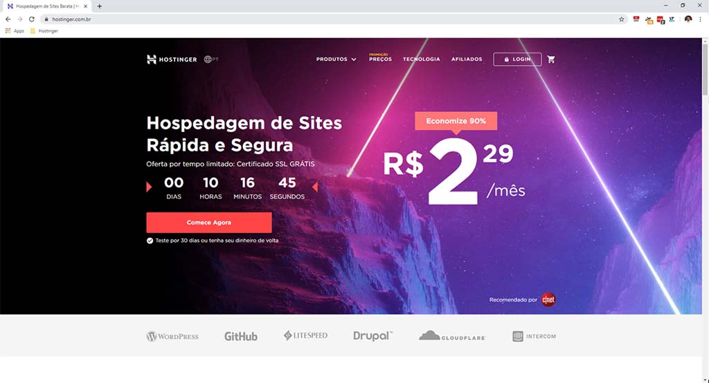 p&aacute;gina inicial do site da empresa de hospedagem hostinger