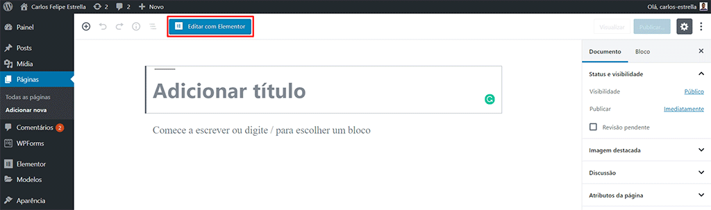 op&ccedil;&atilde;o de adicionar nova p&aacute;gina para o elementor no wordpress