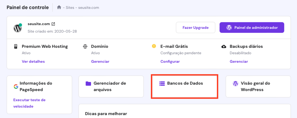 acessando os bancos de dados do site no painel de controle do hpanel