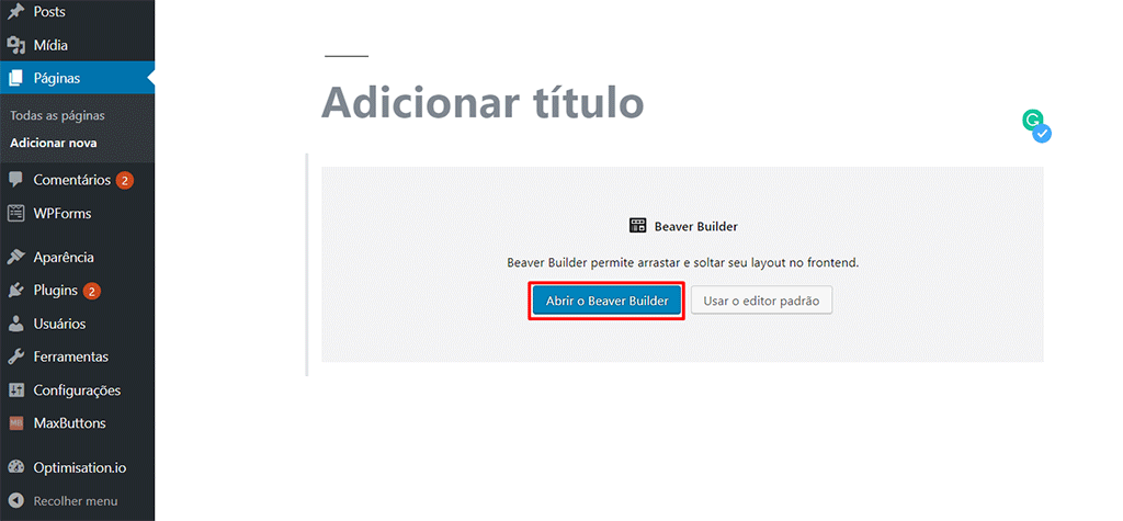 bot&atilde;o para adicionar nova p&aacute;gina no beaver builder