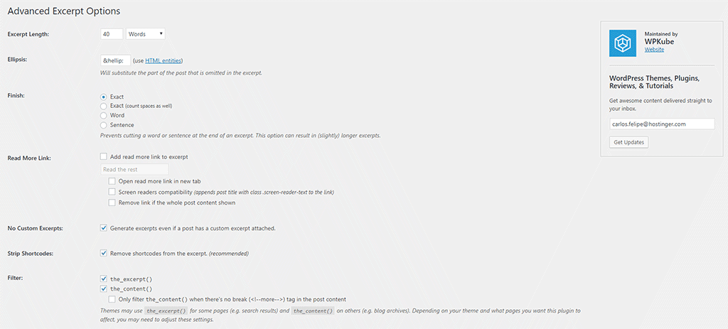 configurações do plugin advanced excerpt