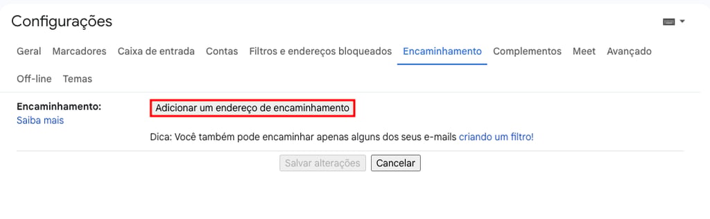 Adição de um endereço de encaminhamento no Gmail.