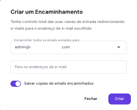 Janela para criar um encaminhador para uma caixa de email selecionada no hPanel.