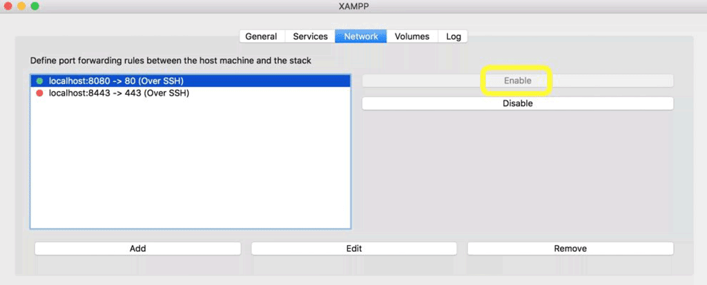 menu de rede do xampp