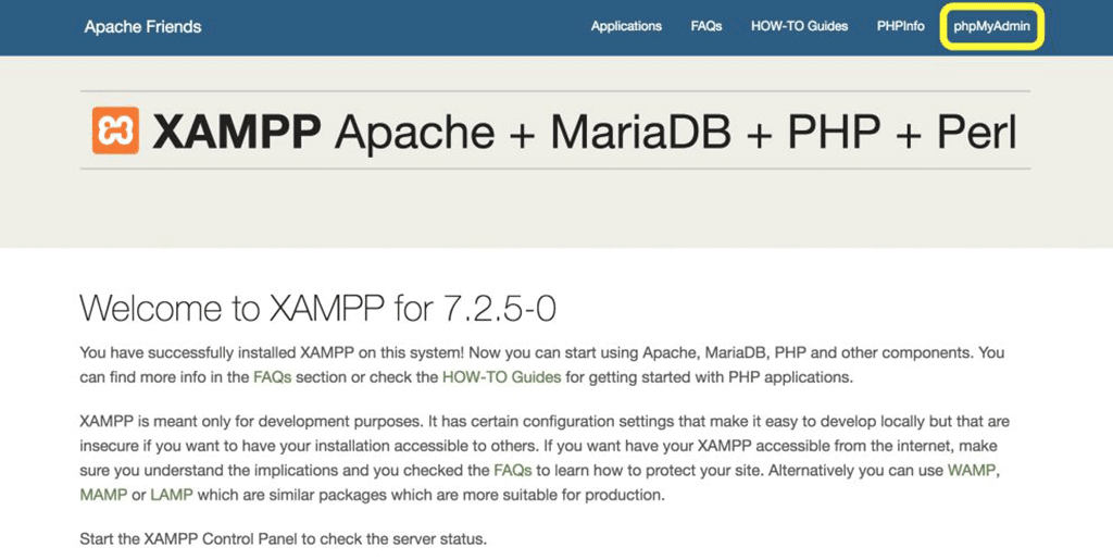 painel de controle do xampp no phpmyadmin