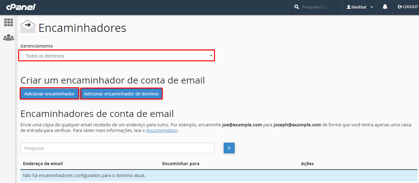 criando encaminhador no cpanel