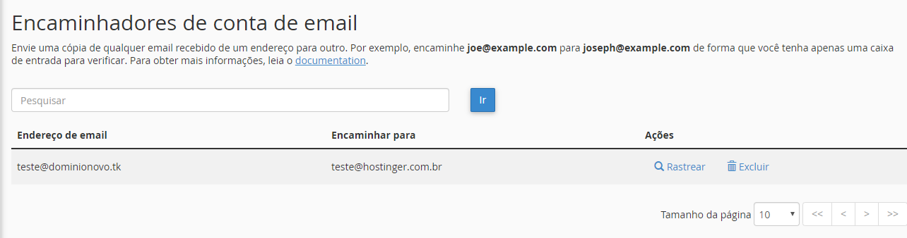adicionando novo encaminhador de conta no cpanel