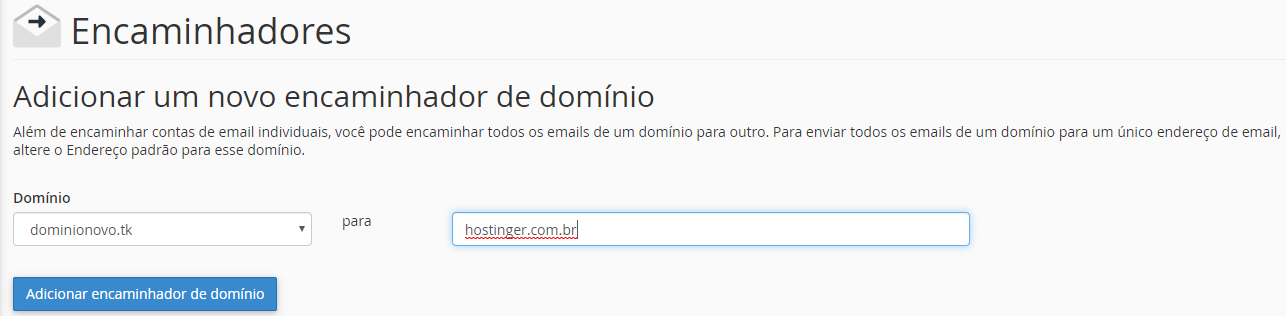 adicionando novo encaminhador de domínio no cpanel