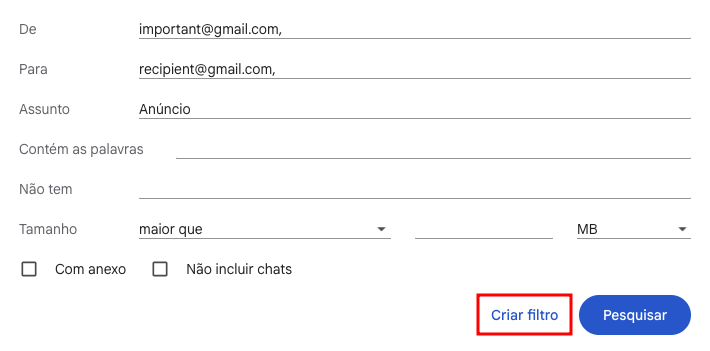 Definição dos critérios de filtragem de emails no Gmail.