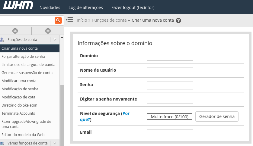 op&ccedil;&atilde;o de criar nova conta de usu&aacute;rio no painel web host manager