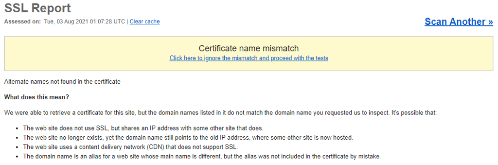 Relatório do Qualys SSL Labs mostrando incompatibilidade de certificado SSL.