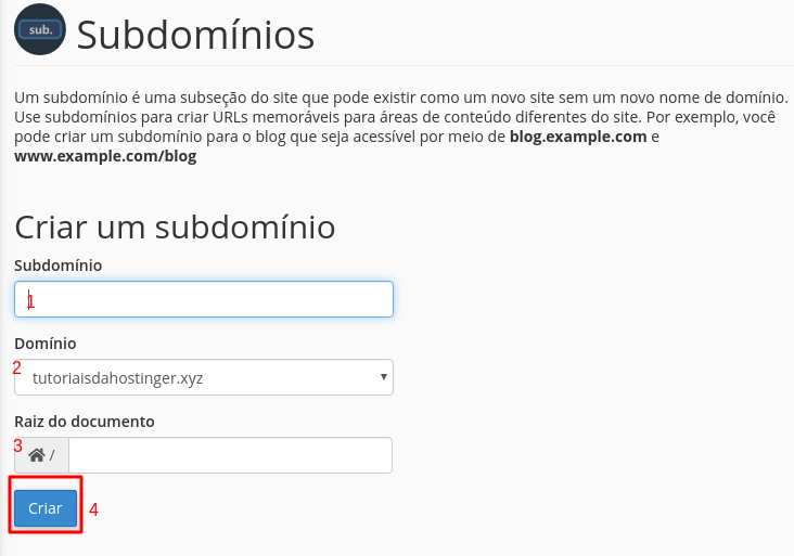 configuração de novo subdomínio