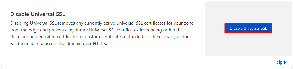 Botão para desativar o SSL Universal no painel do Cloudflare.