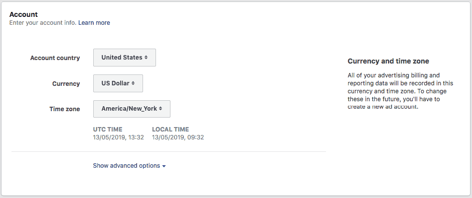 tela para sele&ccedil;&atilde;o de p&aacute;is, moeda e fuso hor&aacute;rio que ser&atilde;o utilizados pela campanha