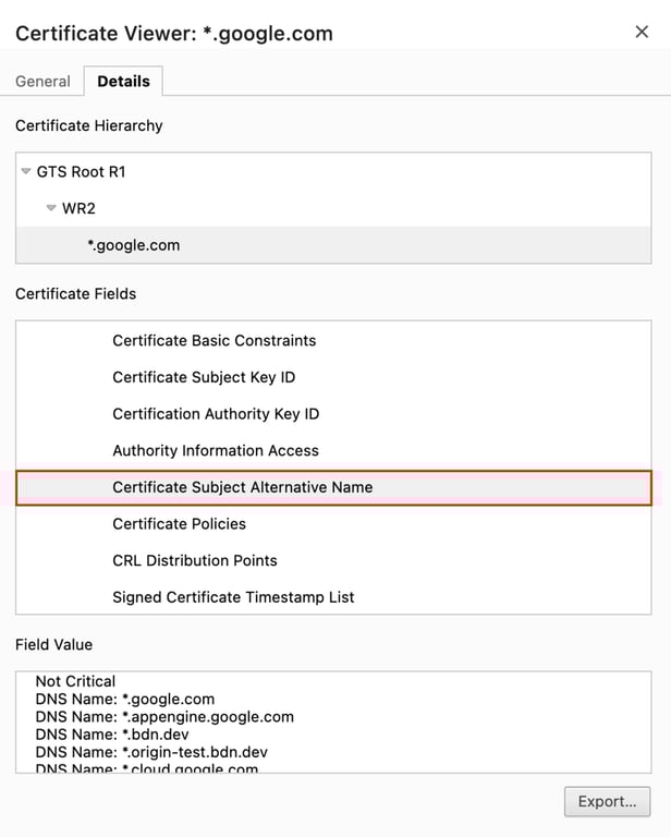 Janela de visualização de certificado no Google Chrome com o campo Nome Alternativo do Assunto do Certificado destacado.